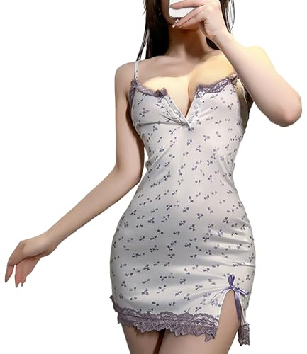 Vestido de mujer sexy con tirantes camisón de encaje floral y cereza traviesa caliente Babydoll Lencería con cojín de pecho extraíble con cuello en V Vestido dividido nudo, morado floral, Talla única
