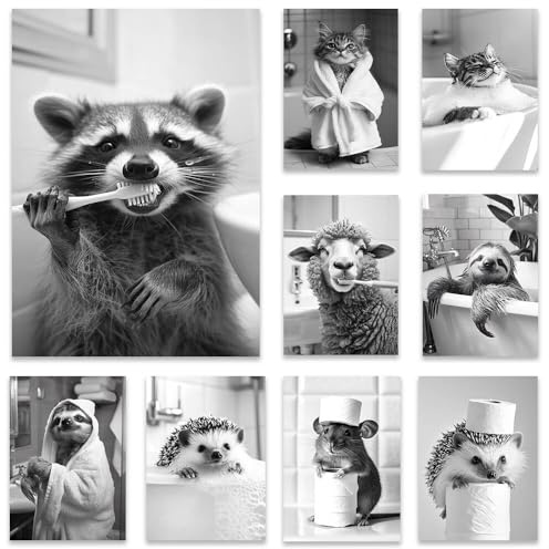 BeiYiHo Bilder Badezimmer Tiere Schwarz Weiß Poster Lustige Tiere Bild Toilette Tier Witzige Bilder für Gäste WC Wandbild Deko Kunstdruck Bad Leinwand Modern