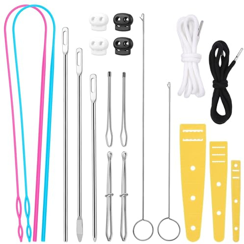 MASPHY Durchziehnadel Set, 20 Stück Einfädelhilfe Enthält Wendenadel Lange Schleife Durchziehnadel Metall Pinzette Flexible Kordelzug Einfädler Kordelstopper für Gürtel Nähzubehör Hoodies DIY Nähnen