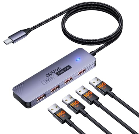 USB C 3.2 Hub 10Gbps, QUUGE 4-in-1 Adapter mit 4 USB-A 3.2 Ports, Aluminium Multiport Splitter mit 100cm Nylon-Kabel kompatibel für MacBook Air/Pro, Mac mini M4, iMac, iPad, Surface, Dell, HP, Lenovo | Ohne Ladefunktion, 1m Nylonkabel, Aluminiumgehäuse, externe Laufwerke, Plug and Play, für Laptop-, Desktop- und PC-Workflows
