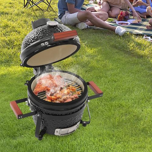 Barbecue in ceramica a carbonella, Ø 32 cm, con termometro, ventilazione e manici in legno, mini barbecue a sfera 2 in 1, per giardino, balcone e campeggio