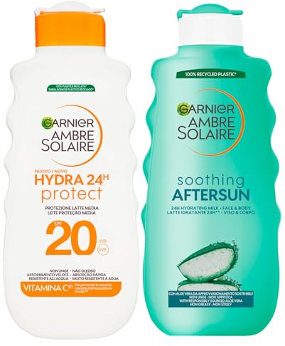 Garnier Ambre Solaire Hydra 24H Protect Sonnenschutz Medium, LSF 20 UVB- und UVA-Strahlen, feuchtigkeitsspendend, 175 ml + Garnier Ambre Solaire Soothing Aftersun Milch, feuchtigkeitsspendend, für