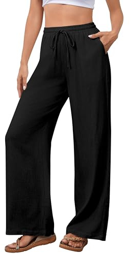 NONSAR Pantaloni da Donna in Cotone per Il Tempo Libero con Coulisse in Lino Elasticizzati Casual vestibilità Larga con Tasche Leggeri Tinta Unita(Nero,S)