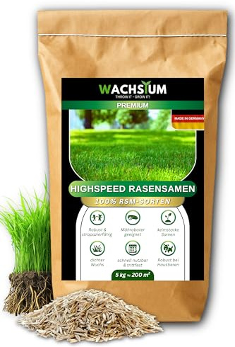 Rasensamen schnellkeimend 5 kg 200qm– Frühjahr und Sommer Premium Grassamen Nachsaat, dichter strapazierfähiger Rasen, Mähroboter geeignet – kräftiges Wachstum, RSM Qualität,