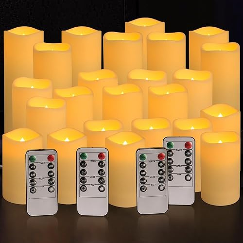 LIVEN Set mit 24 wasserdichten flammenlosen Kerzen für den Außenbereich, LED-Kerzen mit 4 Fernbedienungen und Timer, (H 10,2 cm, 12,7 cm, 15,2 cm x T 5,6 cm), für Halloween, Weihnachten, Hochzeitsfest