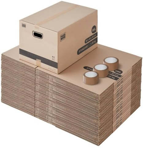 Pack and Move - Förpackning med 30 flyttlådor L breda - 40 x 60 x 40 cm - förstärkta handtag - 1 gratis lim