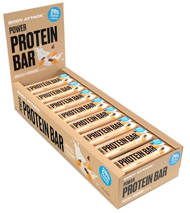 Body Attack POWER PROTEIN BAR Muesli-Yoghurt, 24 x 35 g - Fitness Protein Riegel fettarm - Eiweißriegel mit wichtigen Vitaminen, L-Carnitin & 25% hochwertigem Milcheiweiß - Made in Germany