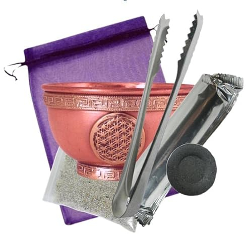 Naturheilmittel Heilsteine Methusalem GmbH Neu-Ulm Räucherset 7-TLG Räucherschale 8cm Ø Kupfer/Messing mit Räucherzange, Räucherkohle, Räuchersand, Räucheranleitung, Stofftäschchen. 3711-1Z