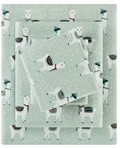True North by Sleep Philosophy Cozy Flannel Warm 100% Cotton Sheet - Novelty Print Animals Stars Cute Ultra Soft Cold Weather Bedding Set, Twin, Seafoam Llama 3 Piece