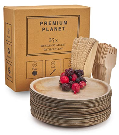 Premium Planet Large Disposable & Biodegradable Plates Set with Cutlery | 25 Plates | 25 Forks | 25 Knives | Eco Friendly & Sturdy | Better Than Paper… (10 inch)