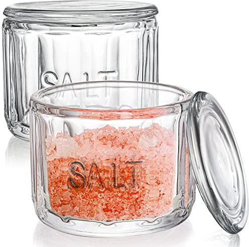 Nicunom 2 Pack Clear Glass Salt Cellar with Lid, Salt Storage Container Salt Box, Retro Style, Kitchen Decor, Wedding Gift, 9.5cm D x 8cm H