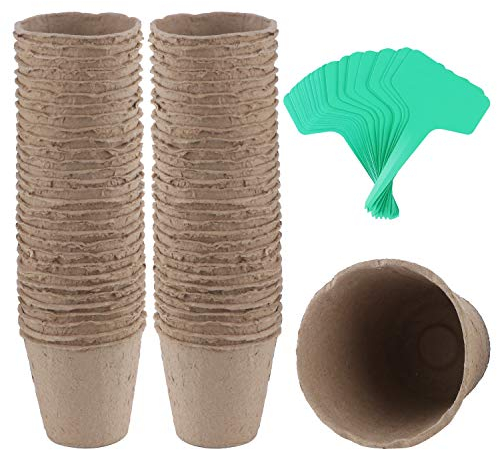 Coolty 60 Stück 3 Zoll Torftöpfe, Biologisch Abbaubare Anzuchttöpfe für Pflanzen, Umtopfen von Sämlingen, Kräutern, Blumen, Gemüse mit 60 Stück Pflanzenetiketten