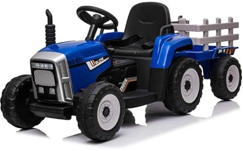 Children’s Electric 12V Ride On Tractor With Trailer with Parental Remote - Blue | Outdoor Toys | Trailer Included, Working Front Lights, Easy Foot Pedal Operation