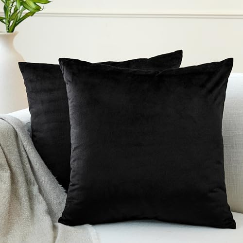 Encasa XO Samt Kissenbezug, Sofakissen ohne Füllung 45x45 cm | Schwarz, Pillingresistent & Knitterfrei | Unsichtbarer Reißverschluss | Pflegeleicht & Farbecht | Quadrat | 2er Set