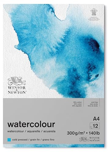 Winsor & Newton Carta per acquarello, Grana Fine, 300gr, Miscela Di Fibre di Cotone 25% e Cellulosa, Bianco Naturale,, Priva di Acidi, DIN A4, Blocco incollato 1 Lato, 12 Fogli