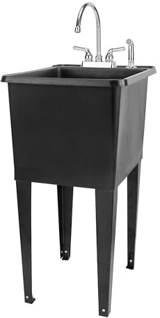 Black Space Saver Utility Sink by JS Jackson Supplies, Freestanding Tehila Space Saving Laundry Tub, Chrome Gooseneck Faucet with Side Sprayer