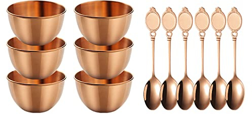 maiwalk Rose Gold Stainless Steel Dipping Bowl with Spoons 3.35 inch 6 Spoons 6 Bowls Set Round Seasoning Small Sauce Cups Dip Ice Cream Dessert Bowls Serving Dishes Bowls for Cereal Snacks Appetizer