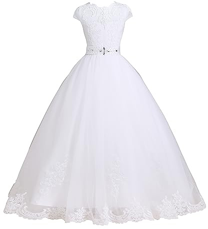 LSSAWZH First Communion Dress for Girls, Girls Party Dresses White, Tulle Lace Flower Girl Dress Ball Gown Floor Length 6T