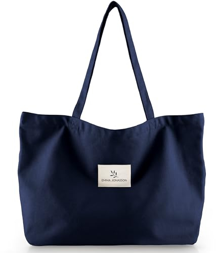 Emma Jonasson Shopper Tasche Damen - Großer Jutebeutel mit Reißverschluss und Innentasche - Aesthetic Tote Bag Damen - Stofftasche für Einkauf Arbeit Uni Schule blau