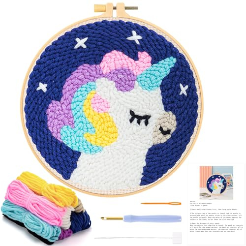 JSRQT Einhorn Kit Punch Needle Anfänger, Stanznadel Stickerei Starter Set für Erwachsene und Kinder, Tier Punch Needle Embroidery Kits mit Einhorn Muster, DIY Stanznadel Starter Set mit Werkzeugset