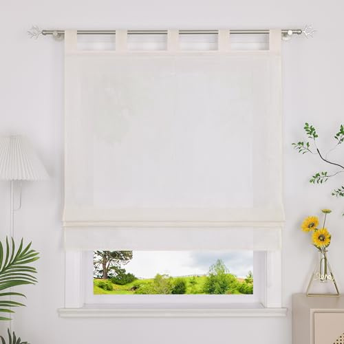 Heichkell Raffrollo mit Schlaufen Halbtransparent Raffgardine Küche Rollo Einfarbige Gardine Beige BreitexHöhe 100x140 cm