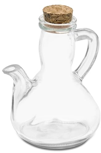 TIENDA EURASIA - Aceitera Porron | de Cristal | Transparente | con Tapón de Corcho | 9,5x12x14,5 cm | Antigoteo | Capacidad 290 ml
