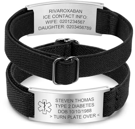 FLHEART Personalisierte Notfallarmband Medizinisches Alarm Armband - Elastische Verstellbare SOS ID Armband mit Gravur Diabetes Epilepsie Allergie Telefonnummer Notfall Armbänder Herren Damen