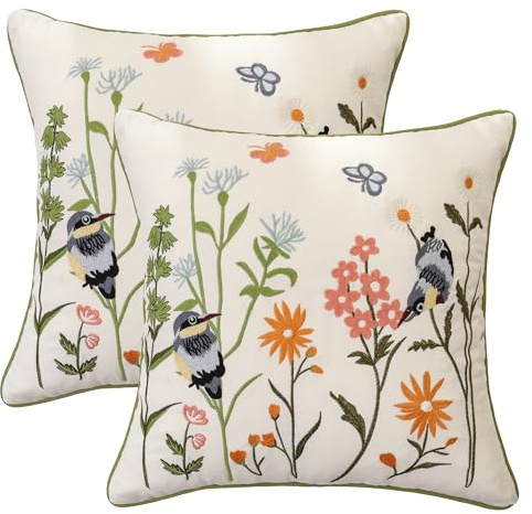 Tosleo Embroidered Throw Pillow Covers 18x18 inch Pack of 2 Vintage Birds with Orange Flowers Farmhouse Pillow Cushion Cases Spring Decorative Pillowcases Home Decor Square Floral Pillow Case