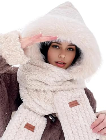 Uposao Kapuzenschal 3 in 1 Integrierter Gehörschutz Winddichte Mütze Schal Handschuhe Winddichter Mützenschal Warmer Kunstpelz Kapuzenschal für Frauen