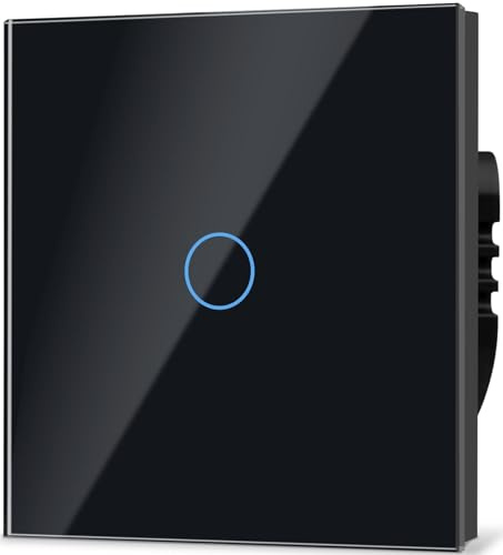 TAWOIA Normaler Lichtschalter, Wandlichtschalter, Standard 110 V-240 V, 86 x 86 mm Gehärtete Kristallplatte mit LED Hintergrundbeleuchtung 1 Fach 2 Weg Touch Lichtschalter,1000W,Schwarz