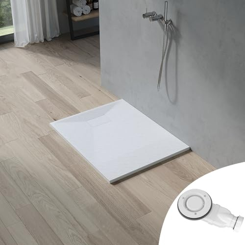 AQUABATOS SMC Duschwanne 100x80 cm Weiß Eckig Quadratisch Duschtasse Duschbecken Brausewanne Brausetasse Rutschfest Bodengleich Ebenerdig Steinoptik Schieferoptik mit Siphon/Ablaufgarnitur