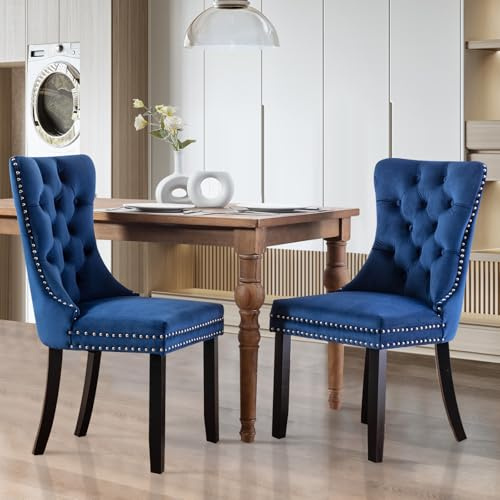 SoarFlash Esszimmerstühle mit gepolstertem Flügelrücken, blau, 2er Set | Weicher Samtbezug, Tufting, Nietenbesatz, Rückenring, Holzbeine. Ideal für Esszimmer, Wohnzimmer, Innendekoration.