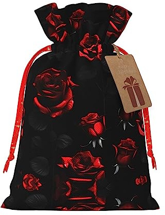 HJLUUFT Jutebeutel mit rotem und schwarzem Rosen-Druck, Weihnachtsgeschenktasche mit Kordelzug und Geschenkanhänger, für Hochzeit, Weihnachten, Party