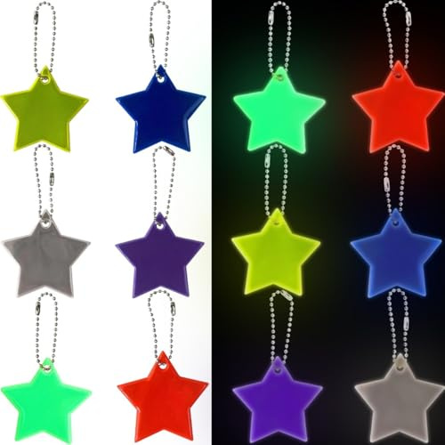 12er Pack Stern Sicherheitsreflektor mit Ketten, Sicherheits Reflektor Anhänger,Kinder Reflektor Anhänger,für Puppensitze Rucksack Handtasche Jacken Rollstuhl Gehen Laufen Mitgebsel