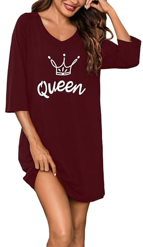 Bresdk Nuisette Femme Chemises de Nuit Coton Vêtement de Nuit à Manches Courtes Grande Taille avec Col V Ample Robe Tee Shirt de Nuit Imprimée Rouge L