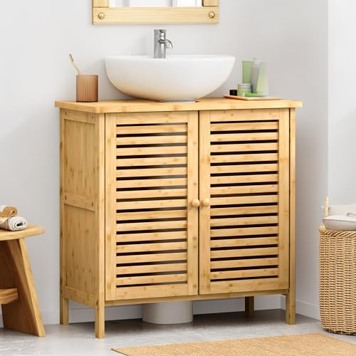 SogesPower Meuble sous lavabo en bambou, armoire avec portes et étagères, meuble de salle de bain en bambou