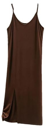 Damen-Kleid, Unterwäsche, Weste, Spaghettiträger, einfarbig, langes Kleid, Camisole Slips, ärmellose Kleider, braun, XL