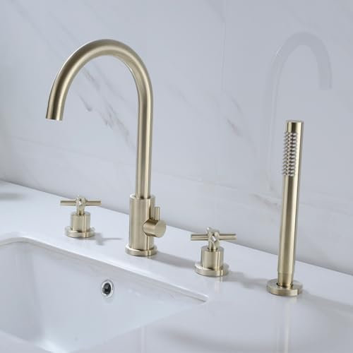 JESMVLPUTD Shower Head Set, Bath Shower Mixer Tap Brushed Gold 4 Hole Deck Mounted Bath Taps Double Lever Pull Out Tap Cross Handle Rotating Bathroom Mixer Tap with Shower,Brushed Gold