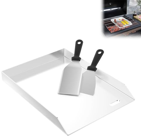 LZQ Plancha de acero inoxidable 30 x 40 x 4 cm | Plancha de acero inoxidable para parrillas de gas y carbón vegetal | 4 mm de grosor | Accesorios para barbacoa | Incluye espátula y bandeja colectora