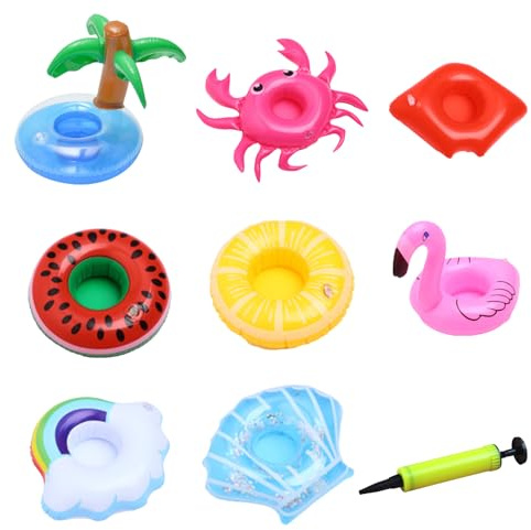 SSKHE 8 Stück Aufblasbare Getränkehalter Set mit Luftpumpe, Tropischer Flamingo, Palme, Ananas, schwimmende Getränkehalter für Poolpartys, Strand Familie Wasserspaß, einfaches Aufpumpen