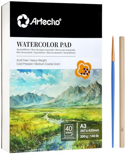 Artecho Bloc de 40 feuilles de papier aquarelle A3 avec pinceau aquarelle et crayon, papier aquarelle 300 g/m², carnet de croquis aquarelle pour peinture, dessin, croquis et techniques mixtes