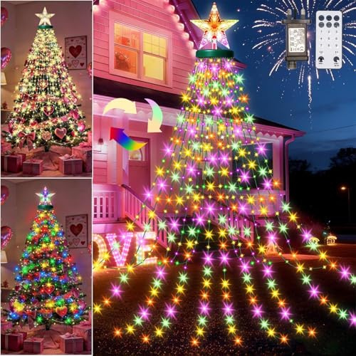 Weihnachtsbaum Lichterkette mit Stern, Mehrfarbige & Warmweiße LED Weihnachtsbeleuchtung Außen mit 11 Modi Timer Fernbedienung, Lichterketten Tannenbaum für Innenhof, Garten, Valentinstag, Ramadanfest