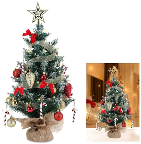 LYtech 60 cm Albero di Natale da Tavolo Mini Albero di Natale Artificiale Piccolo Albero di Natale con Luce LED Alberi di Natale con Cima di Stella, Ornamenti Pendenti Regalo per Decorazioni Natalizie