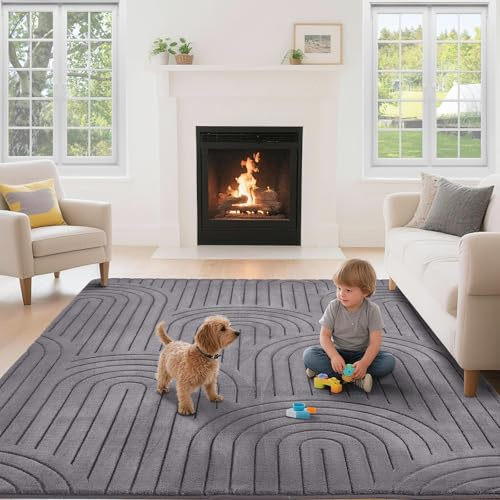 Puremy Wohnzimmerteppich Kurzflor mit 3D Hoch-Tief-Effekt, 160x220cm, Grau | Teppich für Schlafzimmer Kinderzimmer mit Hoch-Tief-Effekt, hohe Flordichte und angenehm weich, Moderner Bogenförmiges Design