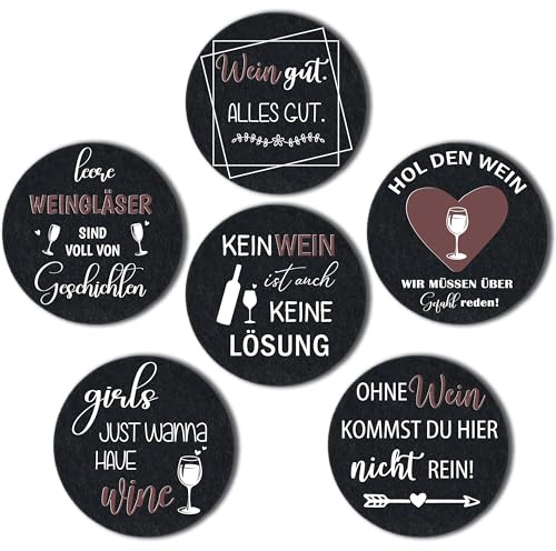 WangsLICHT Filz-Untersetzer mit lustigen Sprüchen – 6er Set mit Geschenkverpackung | Handgemacht in Deutschland | Geschenk für Weinliebhaber | Dekorative Tischuntersetzer (Weinspruch)