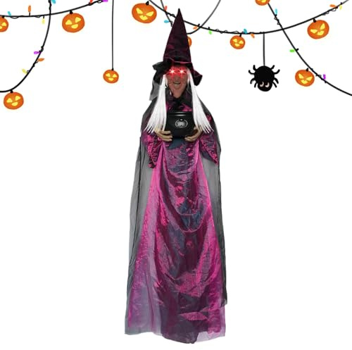 Decoración de bruja de Halloween - Bruja luminosa con ojos gritando para exteriores | Figura de 180 cm con caldero de bruja para casa de miedo, jardín, césped, techo, hogar, fiesta y