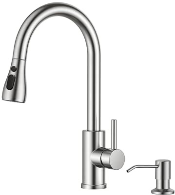 FORIOUS Küchenarmatur mit Seifenspender, ausziehbarer Wasserhahn Küche mit 2 Strahlarten, Einhebelmischer für heißes und kaltes Wasser, Edelstahl, Mit Seifenspender