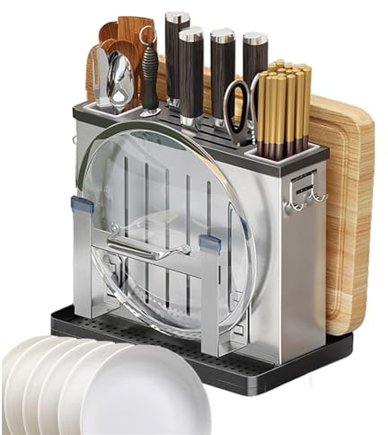 Support de planche à découper, en acier inoxydable et ABS, 30 cm, sans perçage, organisateur de cuisine mural, avec porte-couteaux, planche à découper, couvercle et baguettes
