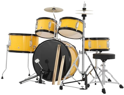 Juego de batería infantil de 5 piezas con bombo, caja de 2 toms, platillo, taburete, taburete, baquetas y pedales, regalo musical para principiantes a partir de 4 años