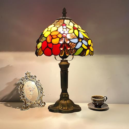 XINYASEE Tischlampe im Landhausstil & Barockstil, Buntglas Lampenschirm, Harzsockel, E27 Fassung, geeignet als Nachttischlampe, Leselampe und Ambientelicht für Schlafzimmer und Wohnzimmer (A)